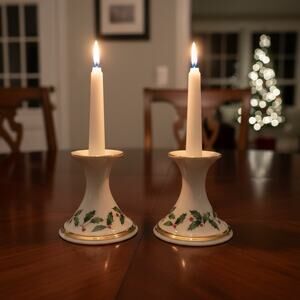 Lenox Holiday 3 3/4 In Flared Candlesticks Holly Berry Porcelain 24K Gold Detail
